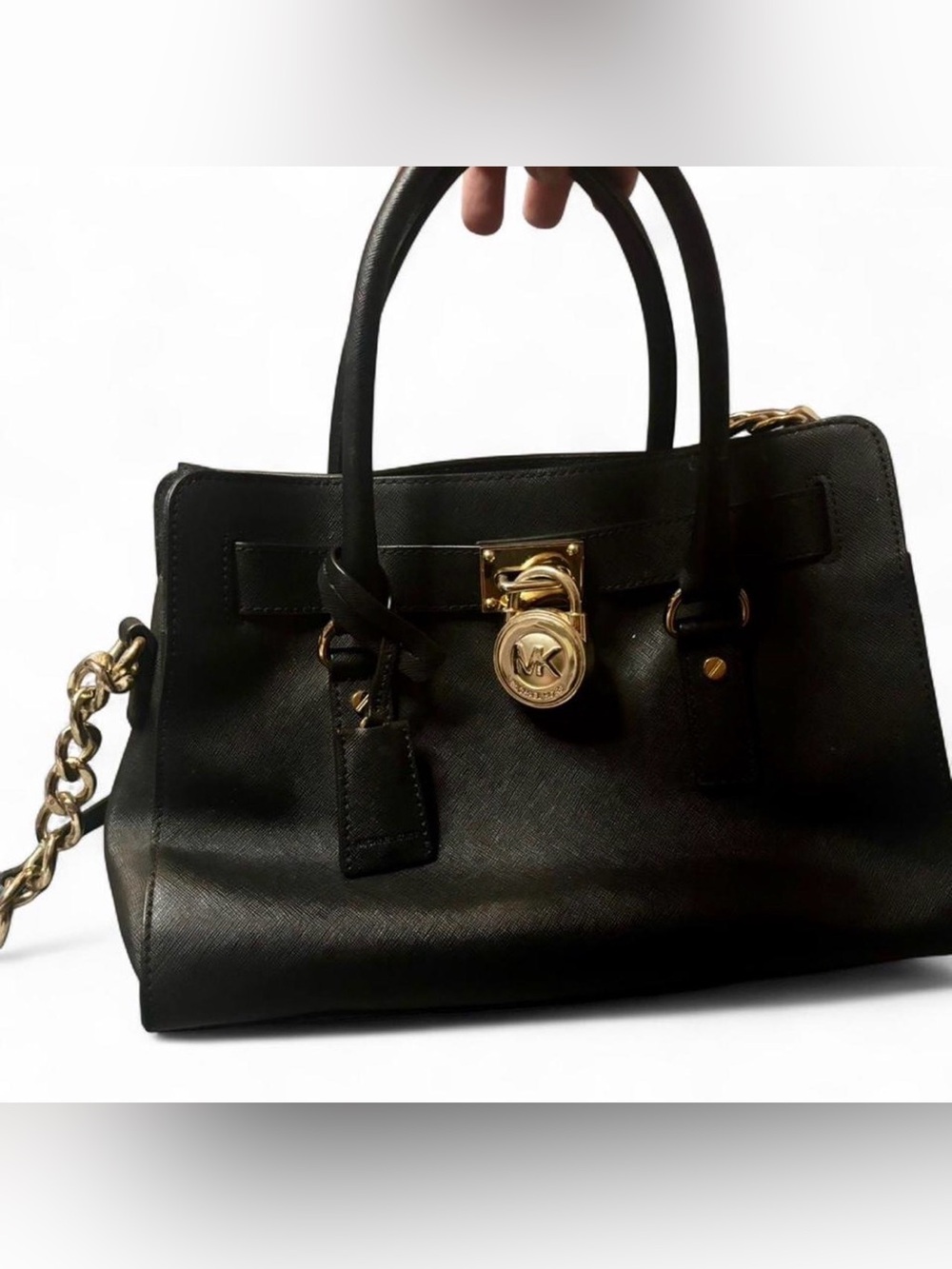 Michael Kors Black Leather Satchel with Gold Lock Charm
